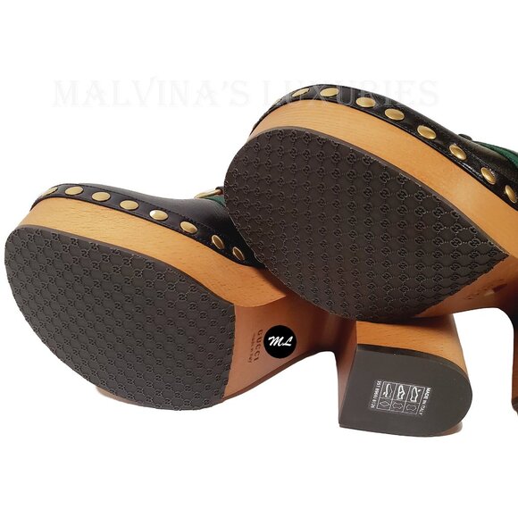 GUCCI SHOES HORSEBIT WEB BLACK LEATHER PLATFORM CLOGS w STUDS sz 39.5 9.5 - Picture 13 of 15